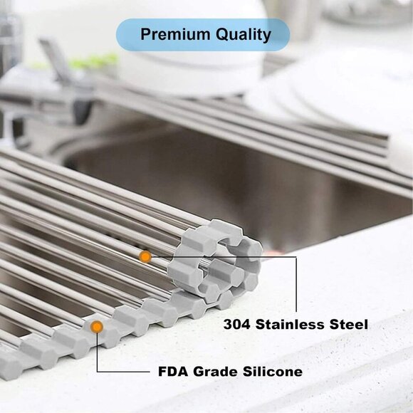 Over The Sink Dish Drying Rack, Roll up Sink Dish Drainer Rack Foldable Kitchen - Picture 4 of 7